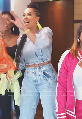 Tanya’s denim puff sleeve top on The Real Housewives of Atlanta