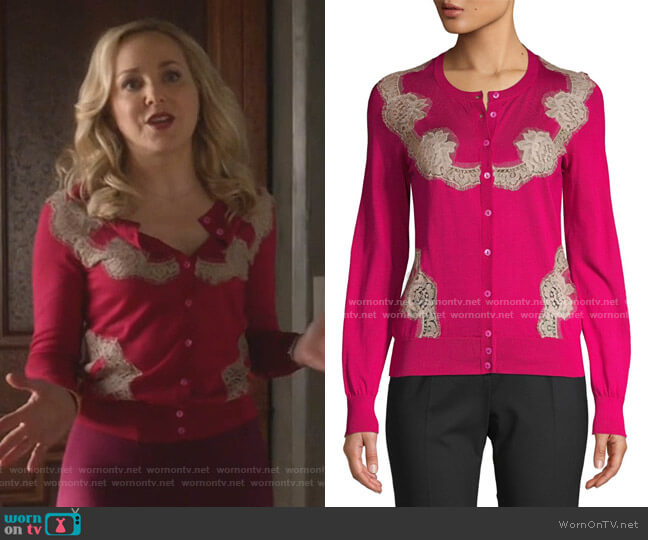 Dolce & Gabbana Lace-Insert Silk-Knit Cardigan worn by Marissa Morgan (Geneva Carr) on Bull