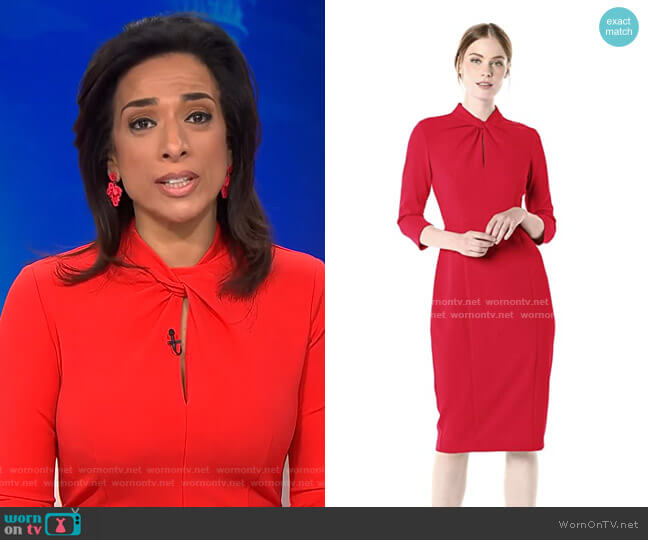 Donna Morgan Stretch Crepe 3/4 Sleeve Twisted Neckline Sheath Dress worn by Michelle Miller on CBS Mornings