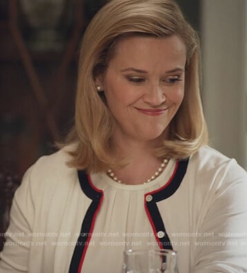 Elena’s white contrast trim cardigan on Little Fires Everywhere
