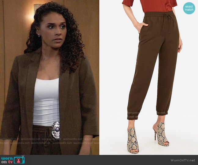 Express Mid Rise Drawstring Utility Jogger Pant in Hunter Green worn by Jordan Ashford (Briana Nicole Henry) on General Hospital