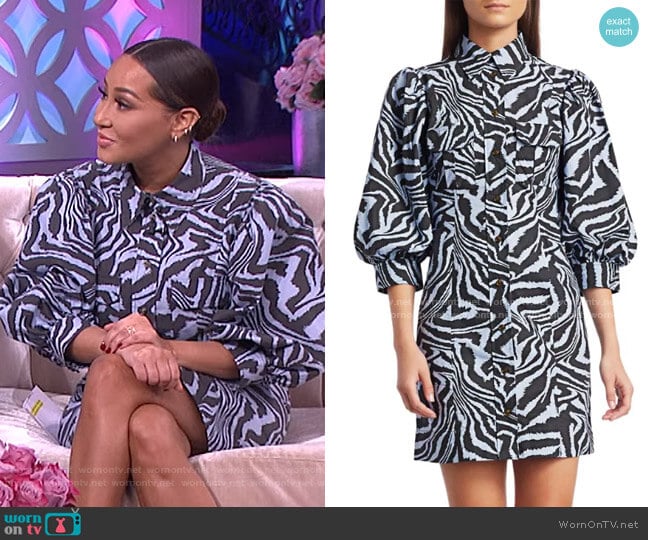 Ganni Puff-Sleeve Zebra Mini Shirtdress worn by Adrienne Houghton on The Real