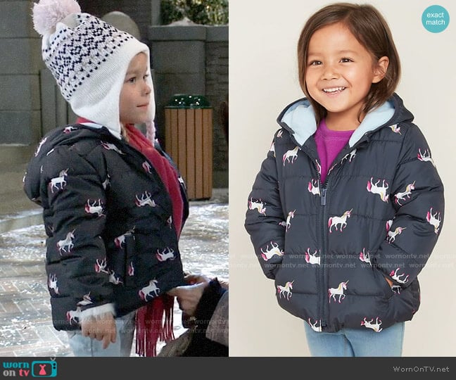 Gap Hooded Frost-Free Puffer Jacket for Toddler Girls in Unicorns worn by Violet Finn (Jophielle Love) on General Hospital