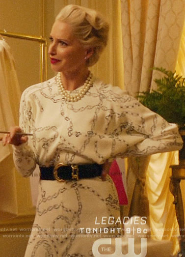 Gloria’s white chain print dress on Katy Keene