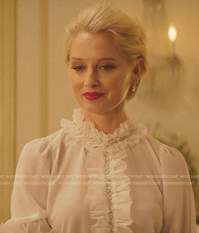 Gloria’s white ruffled blouse on Katy Keene