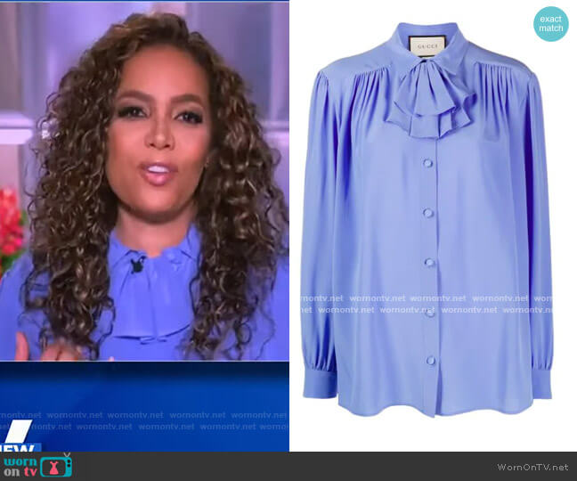 Gucci Ruffled Jabot Crepe de Chine Shirt worn by Sunny Hostin on The View