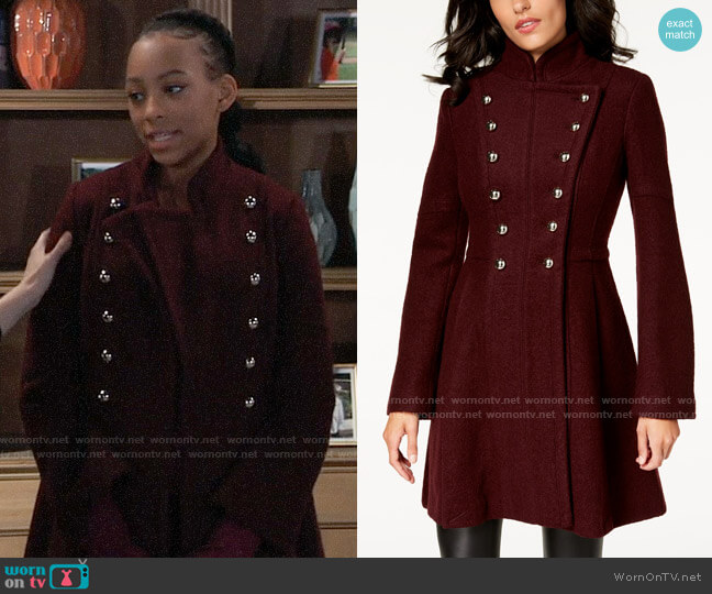 Guess Double-Breasted Skirted Coat in Wine worn by Trina (Sydney Mikayla) on General Hospital