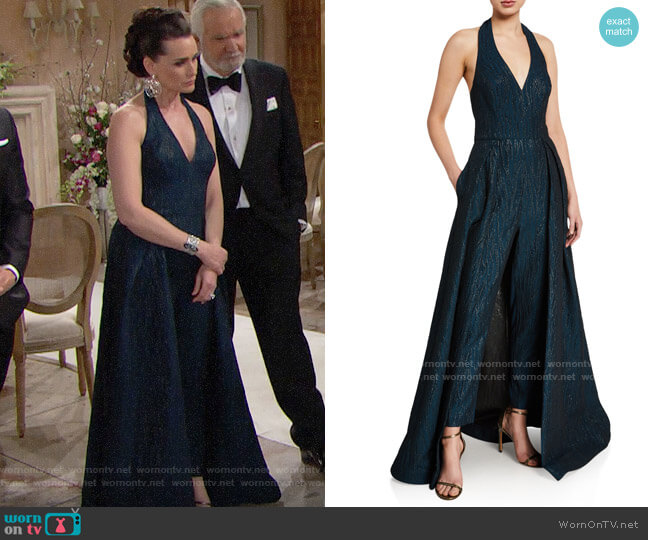Halston Metallic Jacquard Halter-Neck Overlay Jumpsuit worn by Quinn Fuller (Rena Sofer) on The Bold and the Beautiful