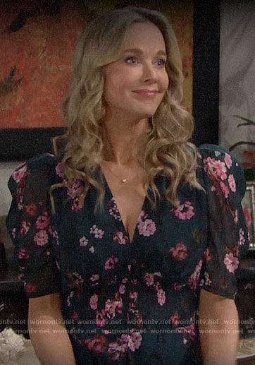 Donna’s teal floral puff-sleeve top on The Bold and the Beautiful