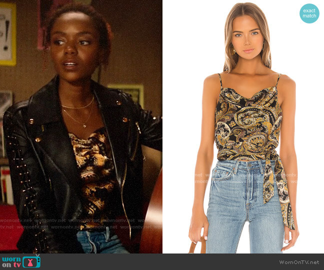 House of Harlow 1960 X REVOLVE Patrice Top in Black & Gold Paisley worn by Josie McCoy (Ashleigh Murray) on Katy Keene