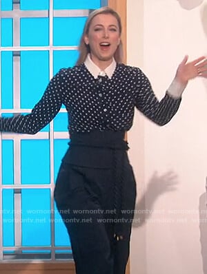Iliza Shlesinger’s navy polka dot blouse and pants on The Talk