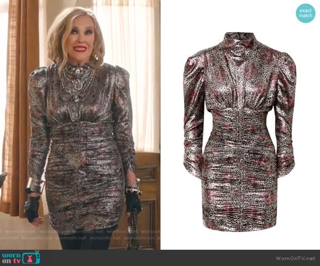 Isabel Marant Pandor Ruched Printed Lamé Mini Dress worn by Moira Rose (Catherine O'Hara) on Schitts Creek