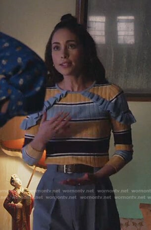 Isabella’s striped ruffle trim sweater on Good Trouble