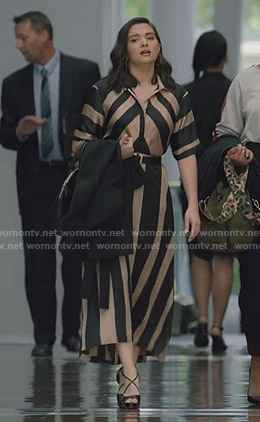 Jane’s beige and black striped shirtdress on The Bold Type
