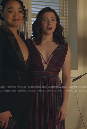 Jane’s metallic stirped plunge neck dress on The Bold Type