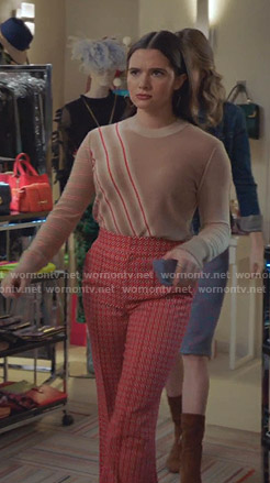Jane’s red floral pants on The Bold Type