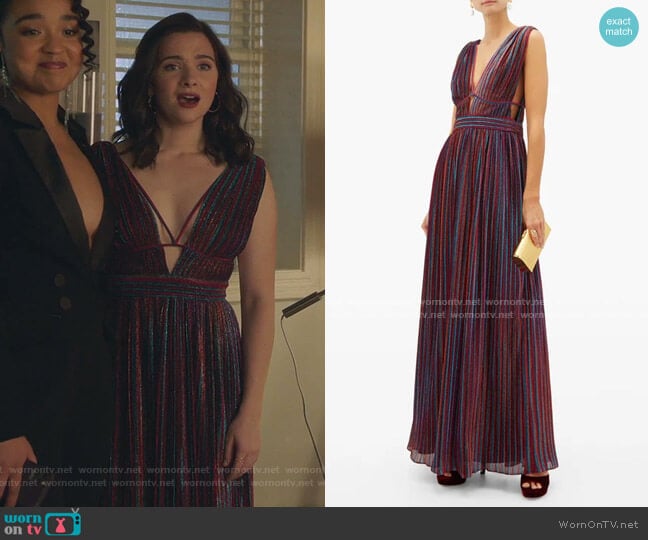 Jonathan Simkhai Striped Plunging V-neck Pleated-Lamé Maxi Dress worn by Jane Sloan (Katie Stevens) on The Bold Type