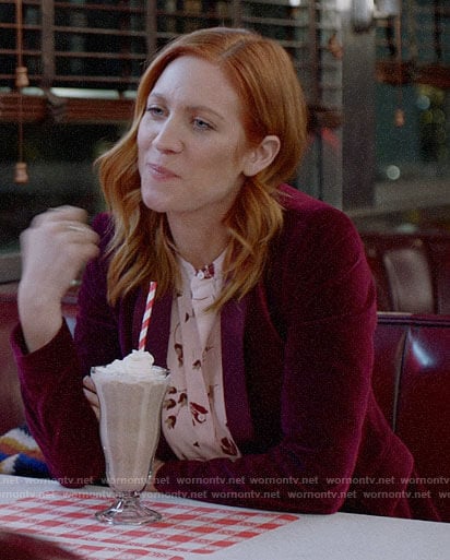 Julia’s pink floral blouse and red velvet blazer on Almost Family
