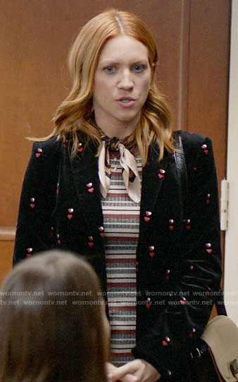 Julia’s striped sweater and velvet heart blazer on Almost Family