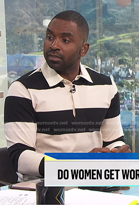 Justin’s black and white striped polo shirt on E! News Daily Pop