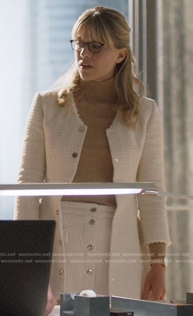 Kara’s white tweed skirt and jacket on Supergirl