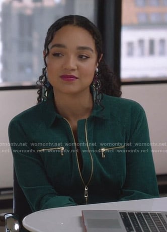 Kat’s green corduroy jumpsuit on The Bold Type