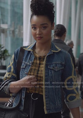 Kat’s yellow tie dye top and embroidered denim jacket on The Bold Type