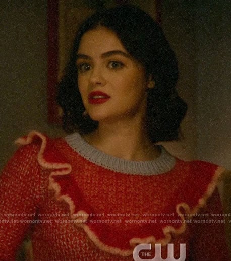 Katy’s red and blue ruffled sweater on Katy Keene