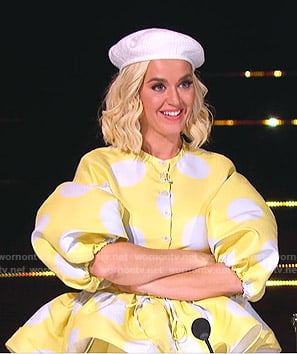 Katy Perry’s yellow polka dot peplum top and pants on American Idol