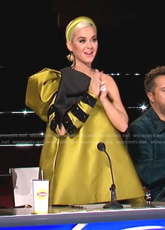 Katy Perry’s yellow one-shoulder mini dress on American Idol