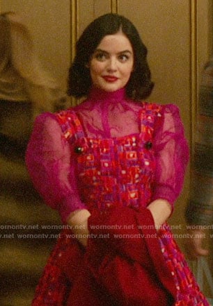 Katy’s pink textured pinafore dress and sheer top on Katy Keene