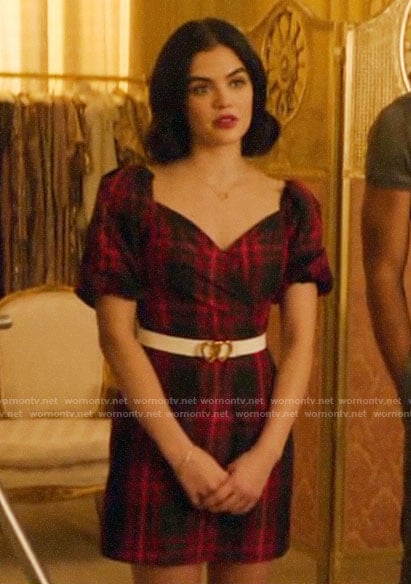 Katy’s red plaid puff-sleeve dress on Katy Keene