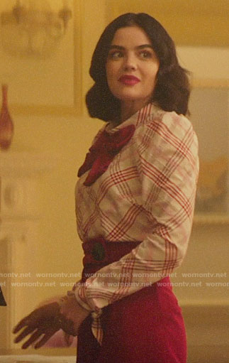 Katy’s red plaid puff sleeve top on Katy Keene