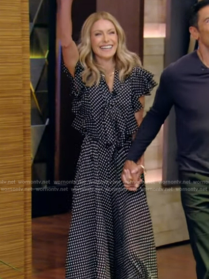 Kelly’s black polka dot ruffle midi dress on Live with Kelly and Ryan