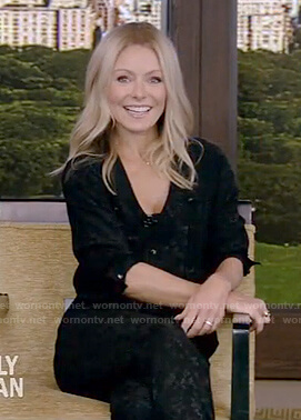 Kelly’s black button front jumpsuit on Live with Kelly and Ryan