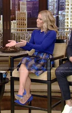 Kelly’s blue sweater and floral skirt on Live with Kelly and Ryan