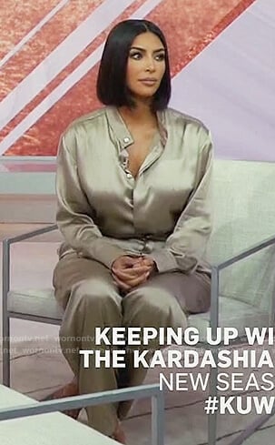 Kim’s satin blouse and pants on Keeping Up with the Kardashians