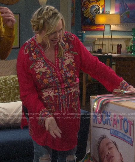 Kristin’s red embroidered tunic top on Last Man Standing