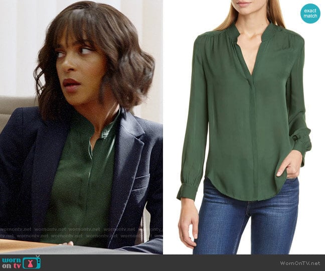 L'Agence Bianca Blouse in Dark Green worn by Edie Palmer (Megalyn Echikunwoke) on Almost Family