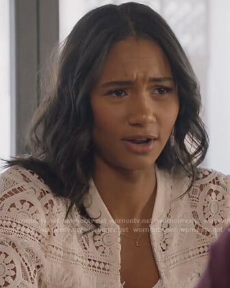 Layla’s white lace bomber jacket on All American