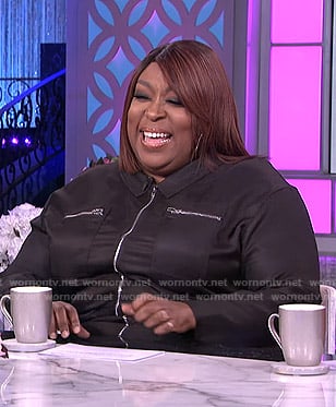 Loni’s black zip front jumpsuit on The Real