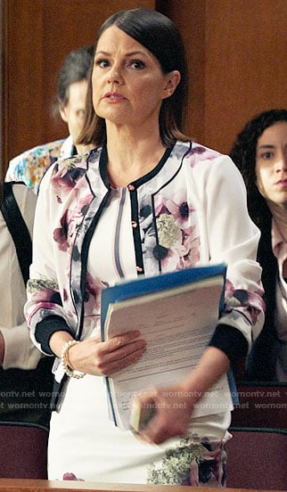 Maggie’s white floral dress and cardigan set on All Rise