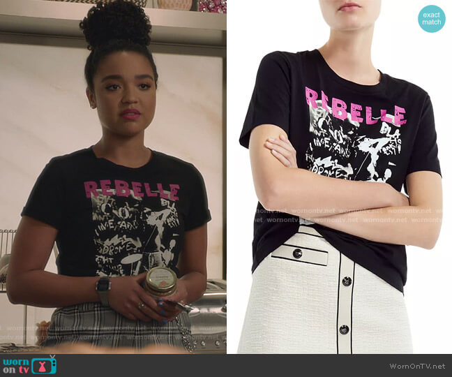 Maje Tarik Rebelle Printed Graphic Tee worn by Kat Edison (Aisha Dee) on The Bold Type