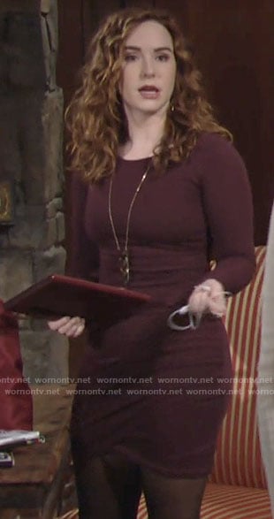 Mariah’s burgundy long sleeved mini dress on The Young and the Restless