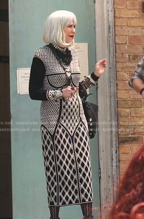 Moira’s black pearl embellished knit dress on Schitts Creek