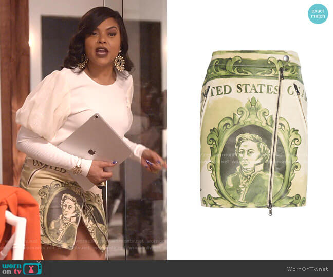 Moschino Zip-Detailed Printed Leather Mini Skirt worn by Cookie Lyon (Taraji P. Henson) on Empire