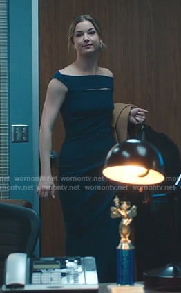 Nic’s navy cutout off-shoulder gown on The Resident