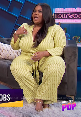 Nina’s yellow wrap jumpsuit on E! News Nightly Pop