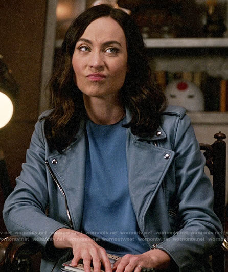 Nora’s blue leather moto jacket on Legends of Tomorrow