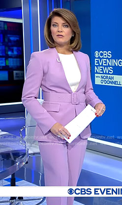 Norah’s lilac lapelless jacket and pants on CBS Evening News